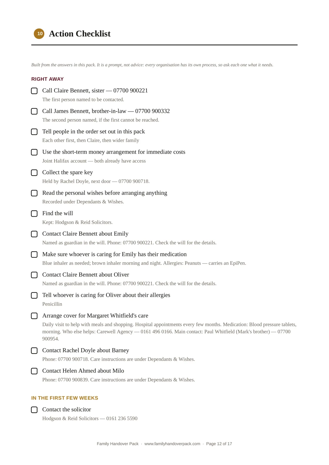 Action Checklist page from a sample Family Handover Pack: what to do right away, in the first few weeks, and as time allows