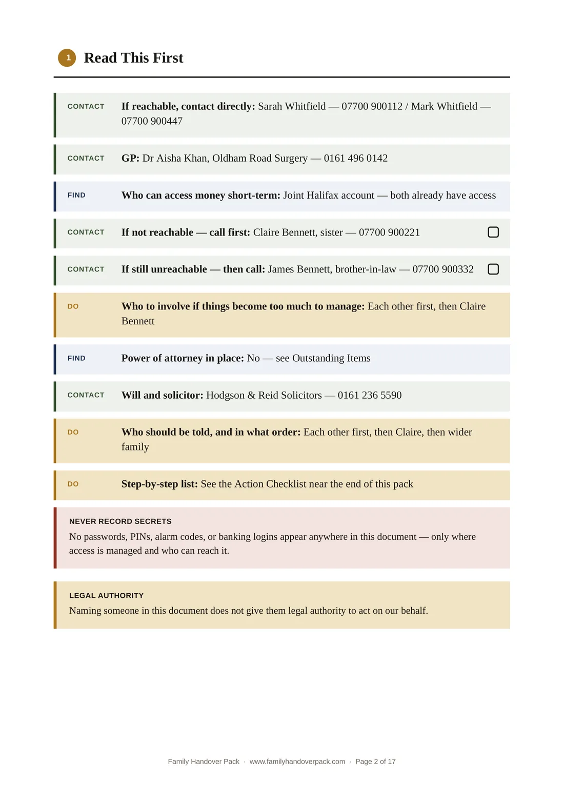 Read This First page from a sample Family Handover Pack: who to call, the GP, money and the will